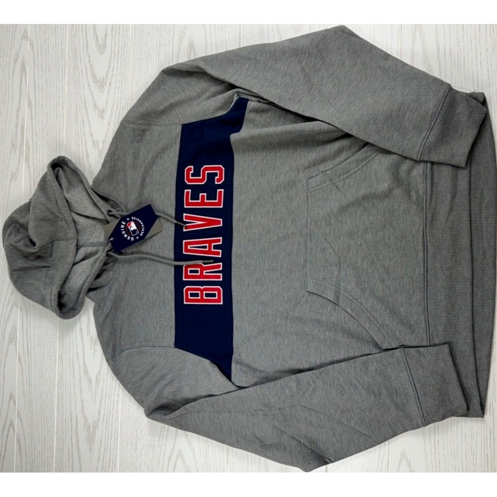 NEW Mens Atlanta Braves Hoodie M Gray Pockets Drawstring MLB Genuine Merchandise